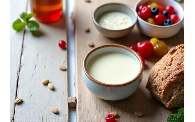 Primer plano de varios alimentos fermentados como kéfir, yogur y verduras encurtidas, representando la salud intestinal.