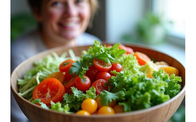 Mujer sonriente disfrutando de una ensalada fresca, desmintiendo mitos sobre la alimentación después de los 40.