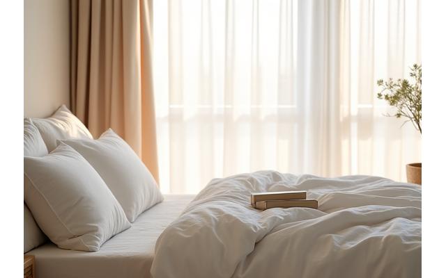 Habitación tranquila con cama desordenada por la mañana y luz suave, sugiriendo consejos de higiene del sueño para un descanso reparador.