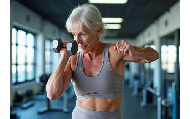 Adulto mayor levantando pesas ligeras en un gimnasio, demostrando la importancia del entrenamiento de fuerza para la longevidad.
